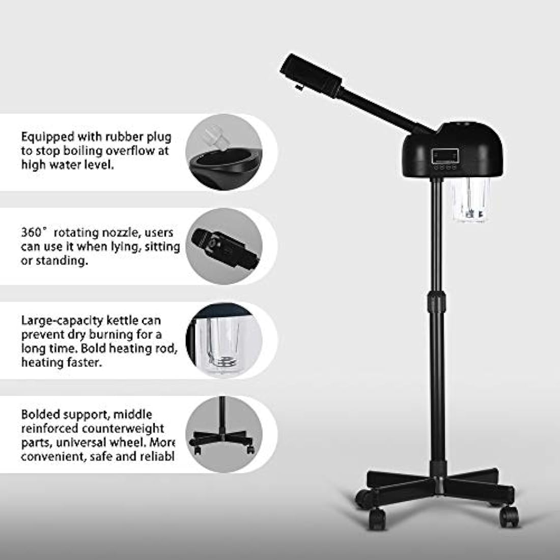 Professional Facial Steamer with LCD Screen, Timer, for Salon SPA Face Care, Height Adjustable, Black