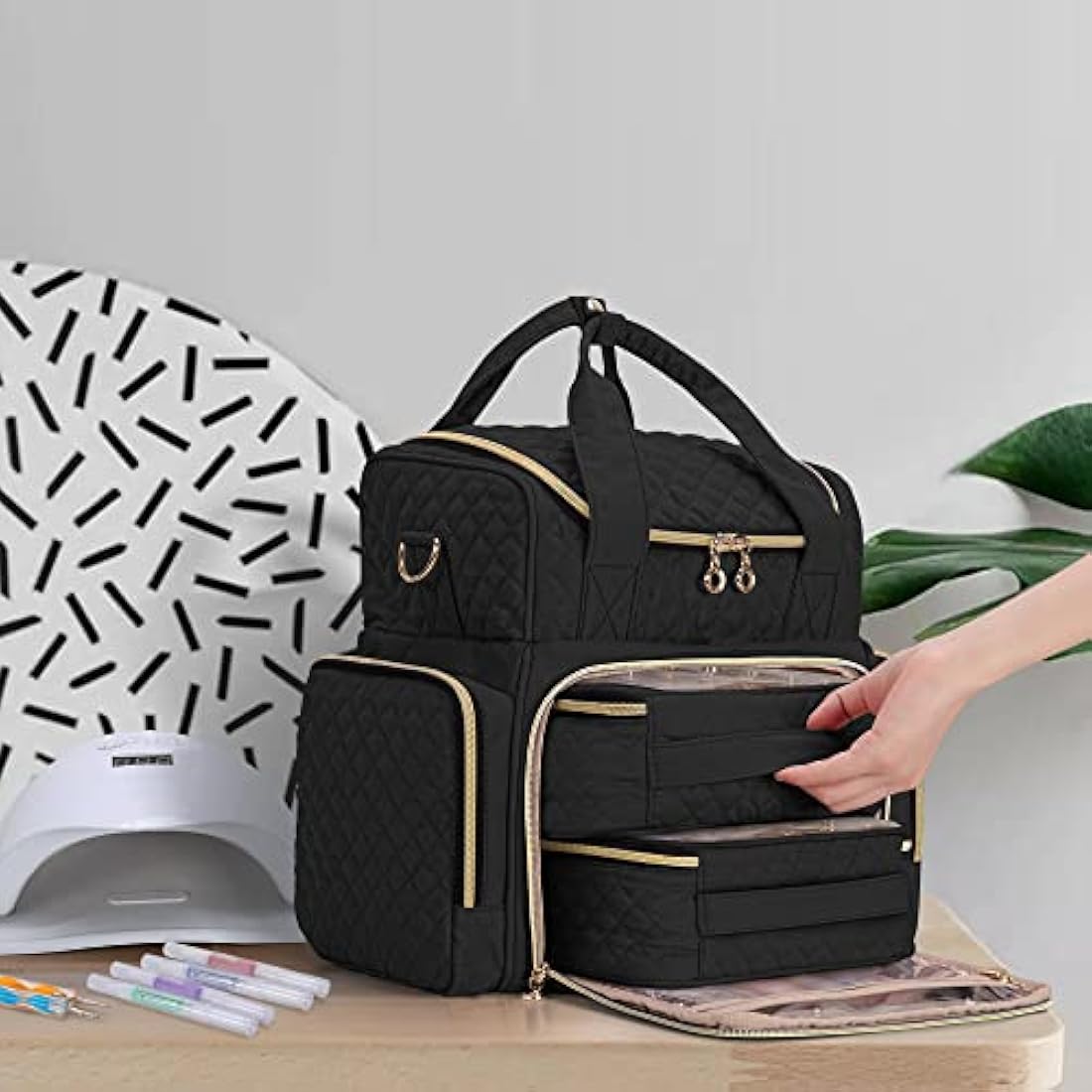 Luxja Nail Polish Organiser Hold 48 Bottles and a Nail Lamp, Nail Polish Case with 2 Removable Bags and Tools Storage Pockets (Patented Design), Black