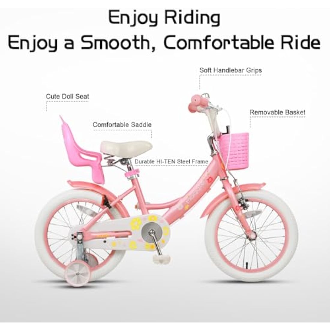 Glerc Maggie 12 Inch Kids Bike for 2-13 Years Old, Girls Bicycle with Doll-Seat & Basket & Stabilisers & Kickstand, Multiple Colors