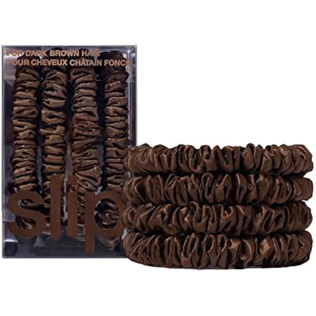 slip Skinny Brown Scrunchies - Back to Basics - Anti-Crease, Anti-Breakage Slipsilk Design Protects Delicate Hair - Includes 4 Pure Silk Scrunchies - 4 Pack