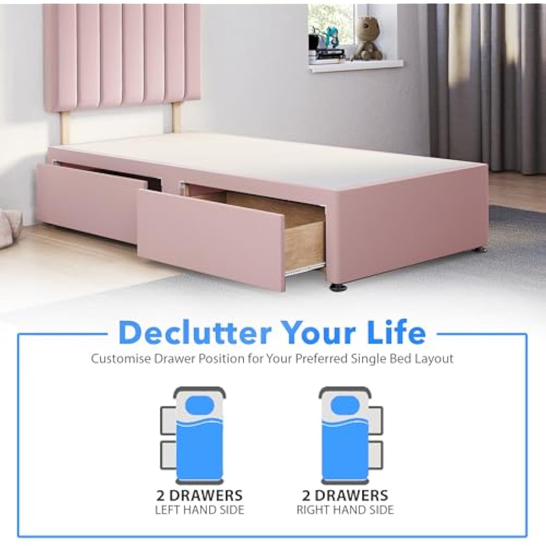ComfoRest - Sophisticated 3FT Single Bed Base | Spacious Frame with 2 Storage Drawers | Durable Design for Practical Living | Versatile Choice for Contemporary Interiors (Pink Plush)
