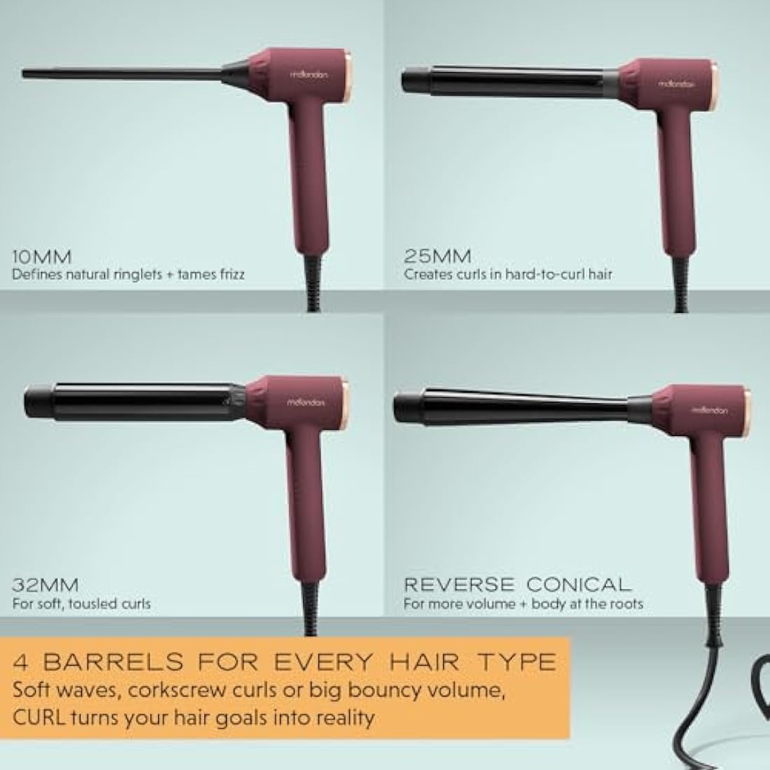 mdlondon CURL Hair Curling Wand (Berry). 4-in-1 Hair Curler with 10mm, 25mm, 32mm & Reverse Conical Barrels. Hair Waver with 14 Heat Settings, Carry Case & Mat - Genuine mdlondon Curling Iron