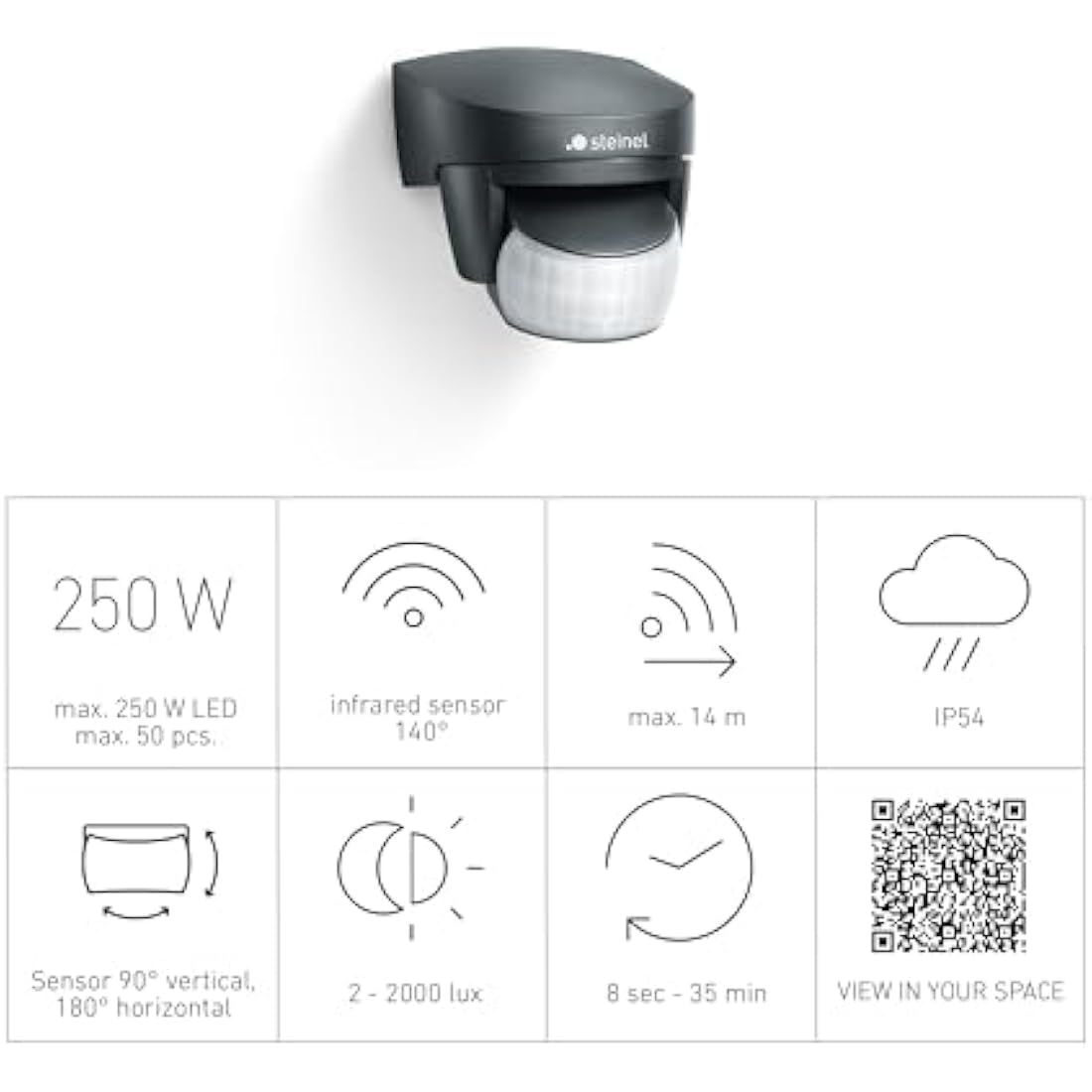 Steinel Motion Sensor IS 140-2 Black, 140° Infrared Movement Detector, 14m Range, Swiveling, Max. 1000 W or 6 LED Lights