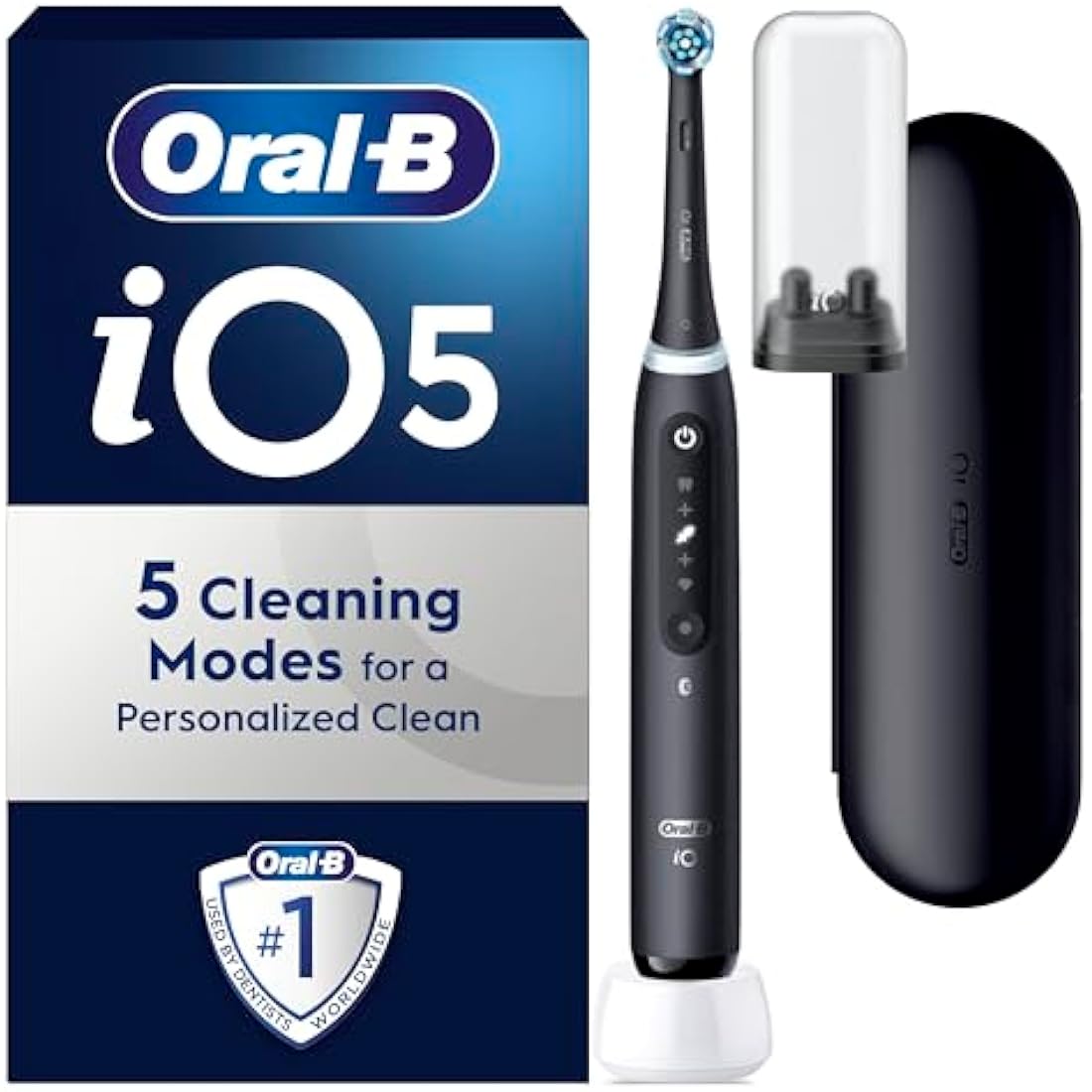 Oral-B iO5 Electric Toothbrushes For Adults, 1 Toothbrush Head & Travel Case, 5 Modes With Teeth Whitening, UK 2 Pin Plug, Black