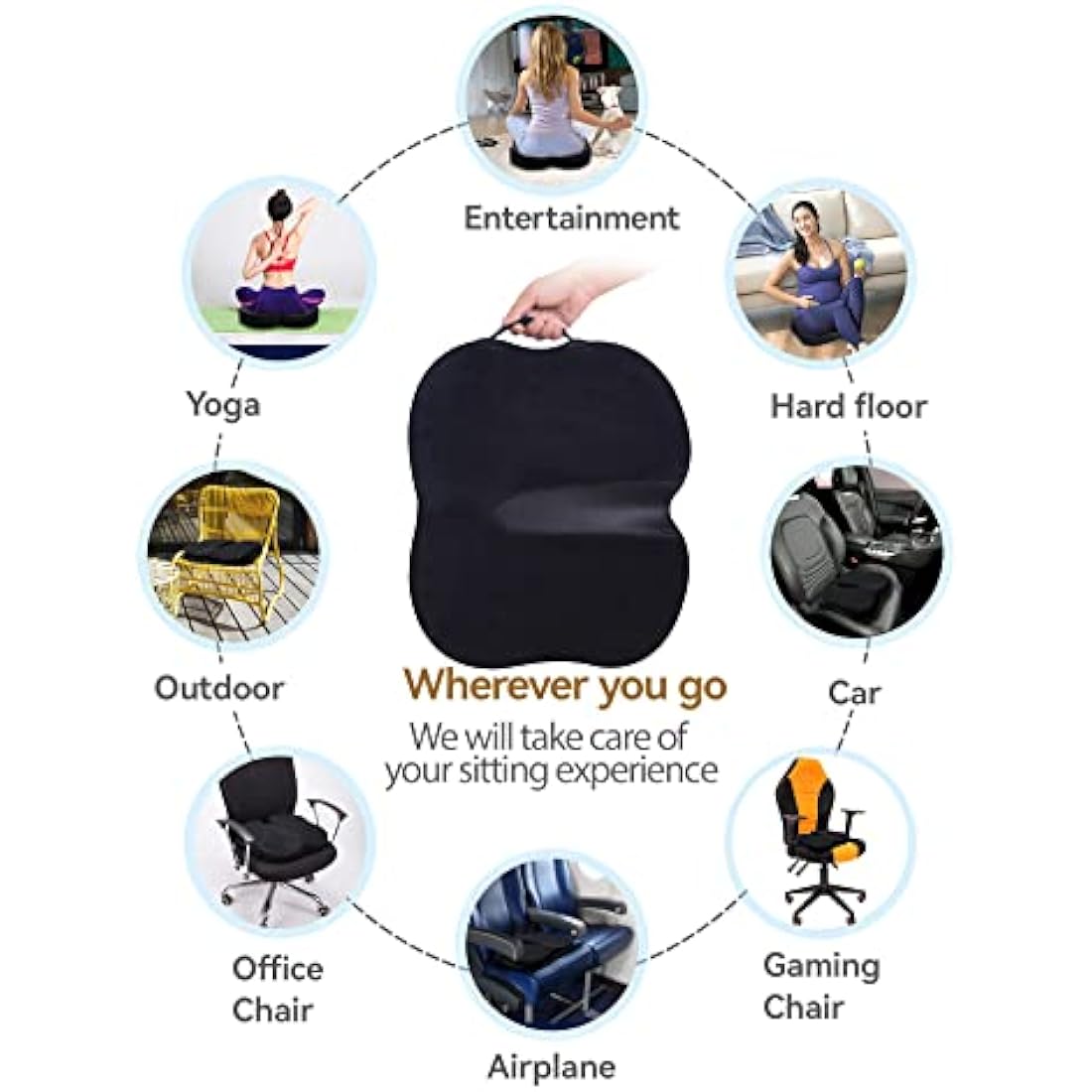 Travel Ease Ergonomic Seat Cushion, Premium Memory Foam Chair Pad with Anti-Slip Base for Long Hours Sitting Comfort, Hip Support Pillow for Office Chair, Car Seat, Gaming Chair (Black)