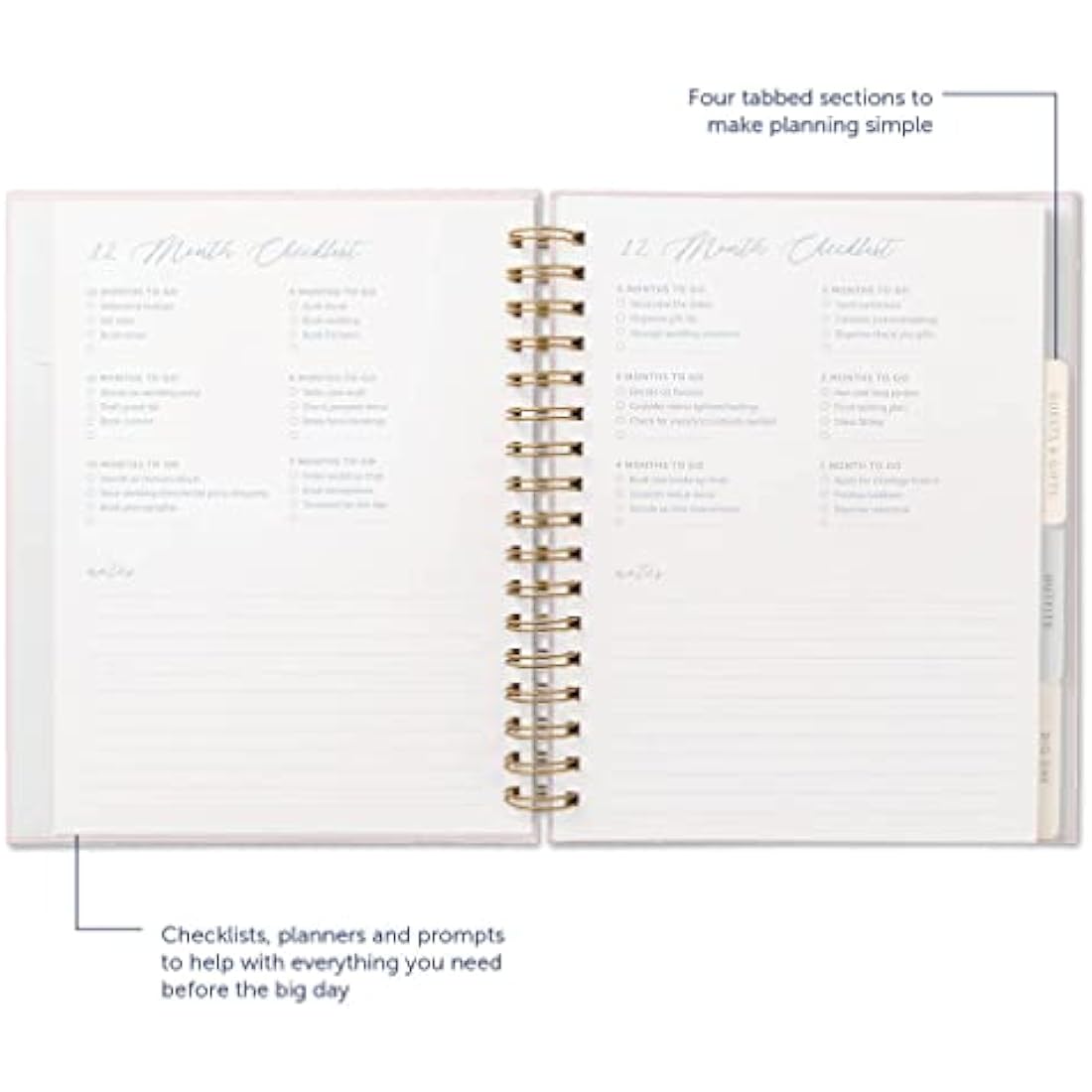 Busy B Wedding Organiser - Beautiful pink and gold spiral-bound wedding organiser with four tabbed sections, checklists, notes and storage pockets