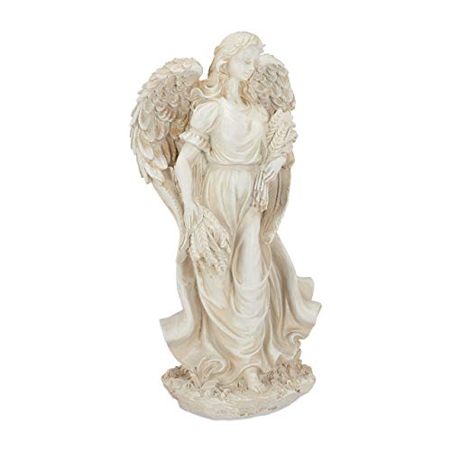 Relaxdays Garden Ornament Angel, Cherub Figurine, Weather-& Frost-proof, Garden, Balcony, In- & Outdoors, Polyresin; Cream-white