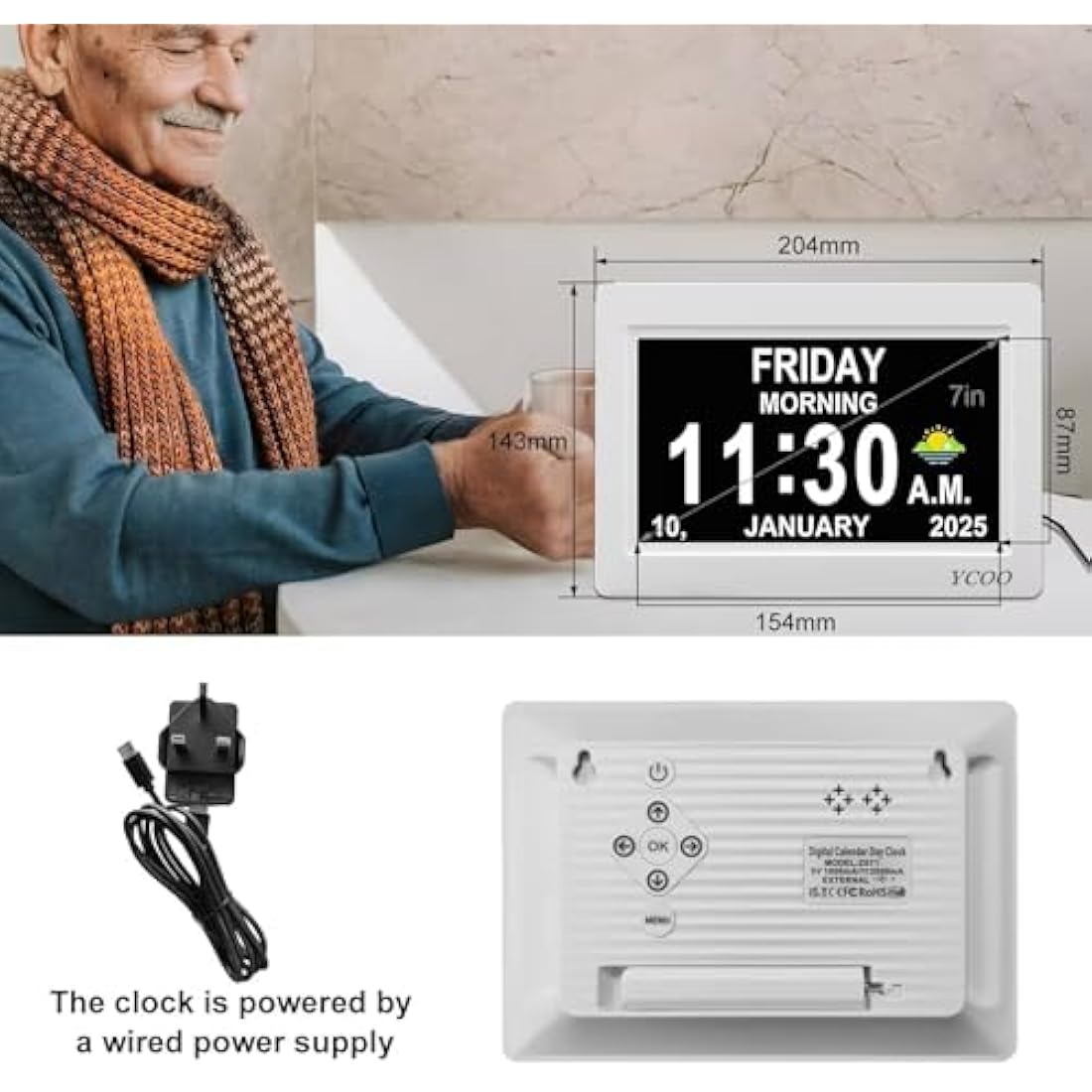 YCOO Dementia Clock, Day Date Digital Clock with Sun/Moon Icons, Large Clear Digital Display, Auto DST, 7 Display Modes, Wired Power Supply Clocks. (7 Inch White)