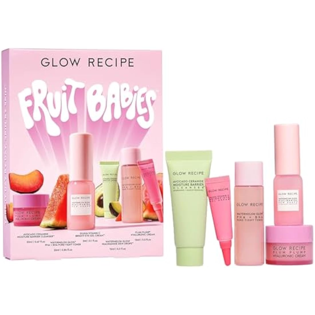 Glow Recipe Fruit Babies Skincare Kit - Gift Set with Ceramide Facial Cleanser, BHA Toner, Vitamin C Eye Cream, Hyaluronic Acid Cream & Niacinamide Dew Drops (5 Count)
