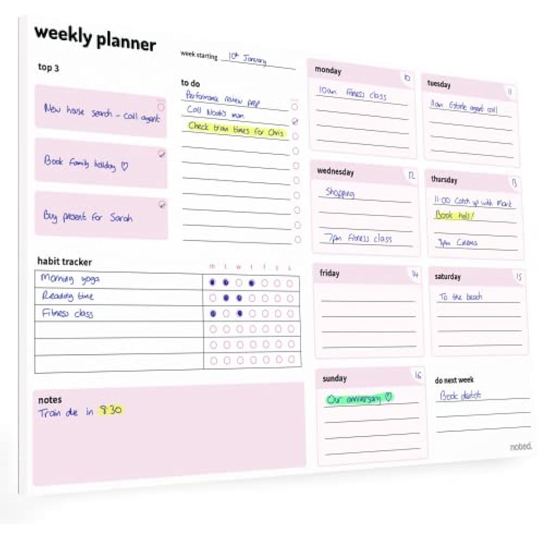 Weekly Planner Pad with daily planning sections - A4 52 sheets 100gsm paper - Undated Calendar Pad with Habit Tracker, To Do, Priority Lists and Notes - For work home and study revision