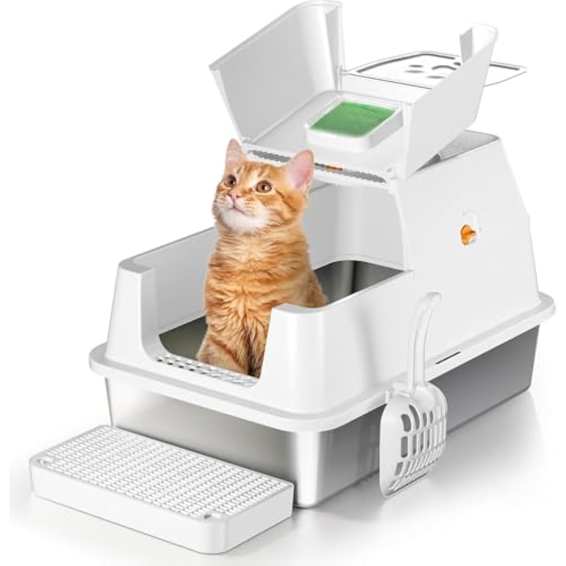 Stainless Steel Cat Litter Tray with Lip, Large Enclosed Litter Box, Cat Litter Box Tray for Medium Large Cats, Easy Clean, Odor Control, 180° Flip-Top - White