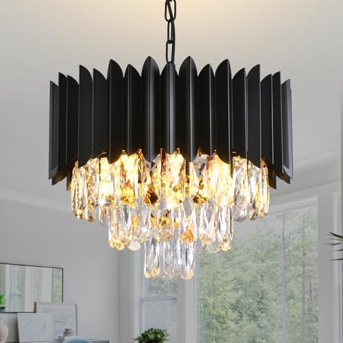 Modern Crystal Chandeliers 3-Tier K9 Round Crystal Chandeliers Light Fixture Small Black Ceiling Light Fixture for Dining Room Living Room Bedroom Entryway ，E14*5Light