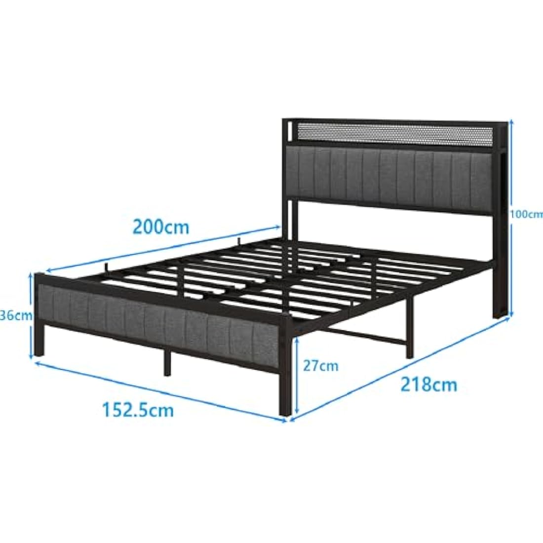MOFLUT King Size Bed Frame with Wooden Storage Headboard Shelf, Upholstered Bed Frames King Size with Metal Slats Enhanced Support, No Box Spring Needed, Gray King Bed