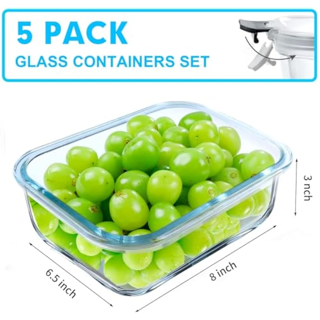 VERONES 5 Pack 36 OZ Glass Meal Prep Containers, Airtight Glass Lunch Containers Set, Glass Food Storage Containers with Lids,BPA-Free, for Microwave, Oven, Freezer & Dishwasher Friendly,Grey