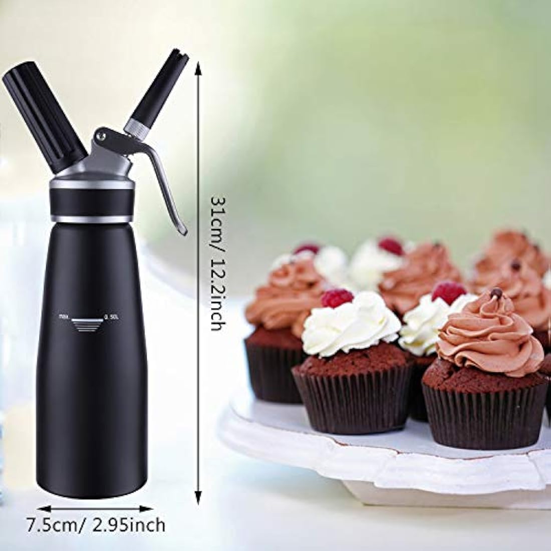 Sivaphe Cream Dispenser Whipped Cream Black Siphon Aluminum for Home Party Dessert 500ML with Cleaning Brush, 3 Decorating Nozzles