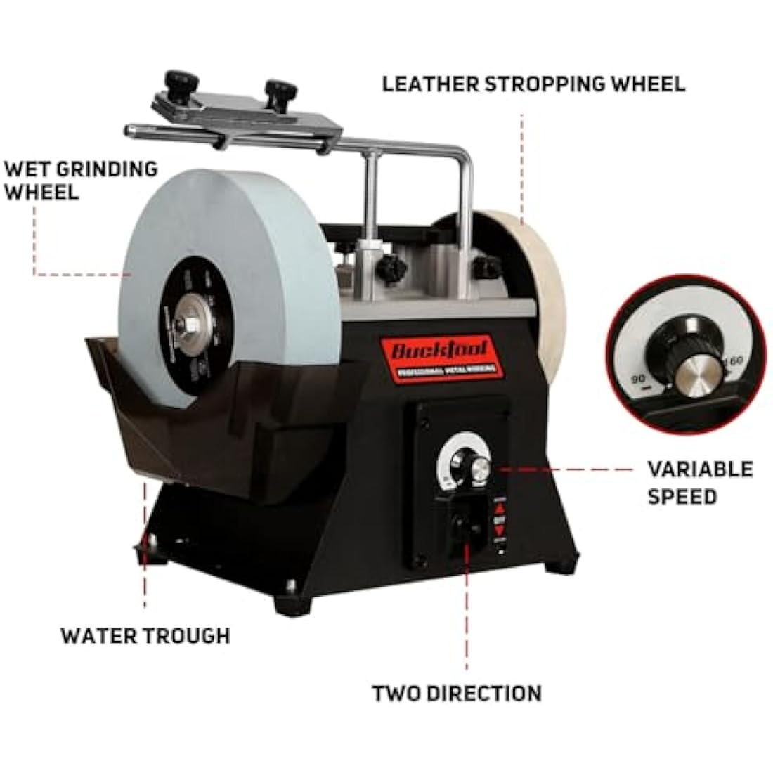 BUCKTOOL 250mm Variable Speed Sharpener 90-160RPM Two-Direction Water Cooled 220 Grit Wet and Dry Sharpening System, SCM8103