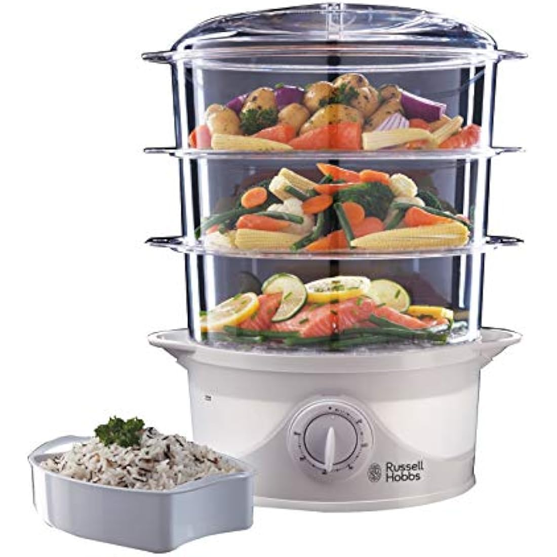 Russell Hobbs 3 Tier Electric Food Steamer, 9L, Dishwasher safe BPA free baskets, Stackable baskets, 1L Rice bowl inc, 60 min timer, Steams in 40 seconds, Healthy eating, Energy saving, 800W, 21140