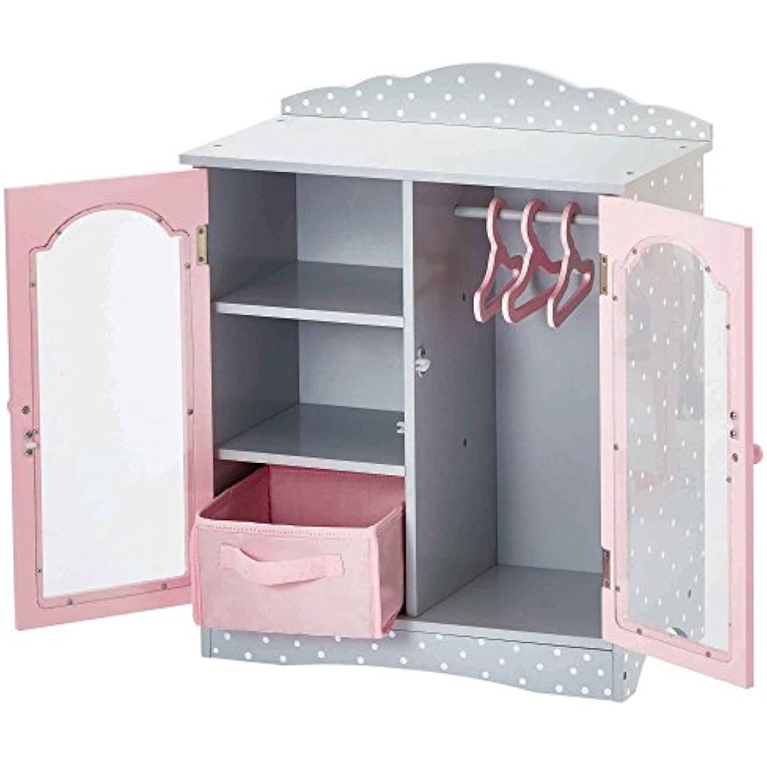 Olivia's Little World Polka Dot Princess Wooden Shaker-Style Double Closet for 18" Doll Wardrobes with Windowed Doors, Three Shelves, Hanging Space with Hangers, Grey/Pink