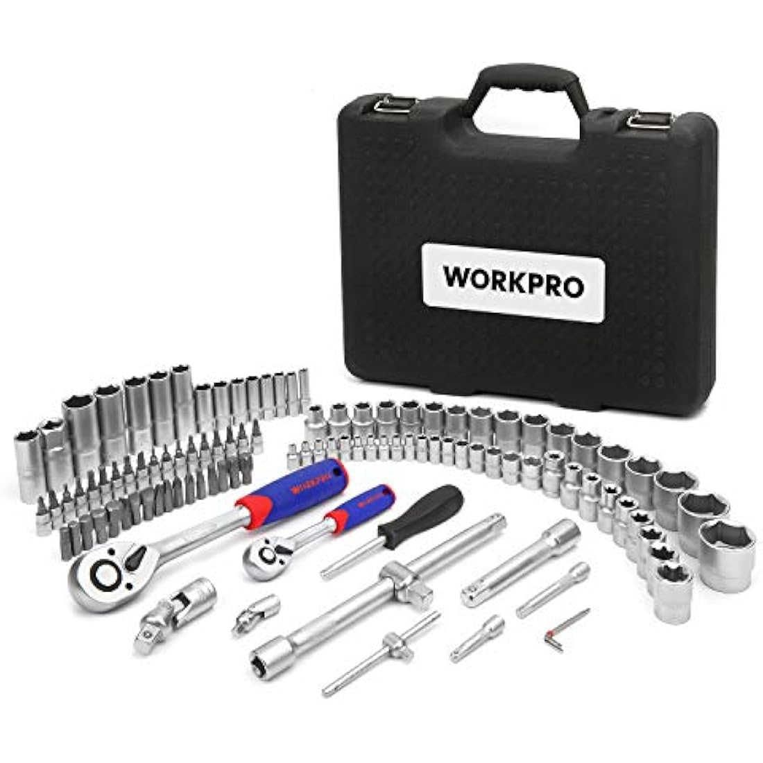 WORKPRO 108-Piece 1/4"&1/2" Drive Socket Set with Bits, Quick Release Ratchet Wrench - CR-V Mechanic Tool Set for DIY, Car Repair