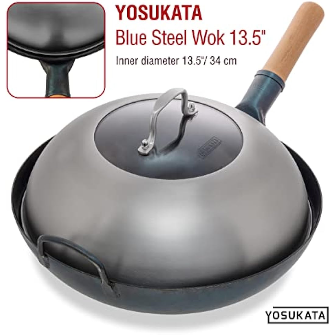 YOSUKATA Wok Lid 32.5 cm for Wok 34 cm - Premium Stainless Pan Cover with Tempered Glass Insert Steam Holes and Ergonomic Handle - Durable Asian Accessories -Dishwasher-Safe Lid