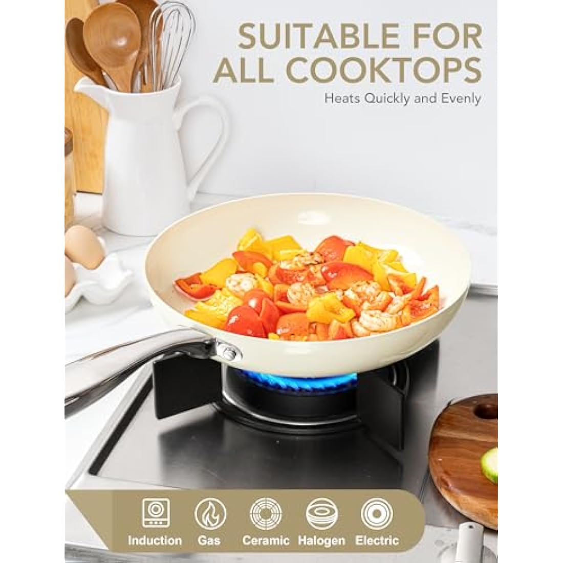 MICHELANGELO 20cm Ceramic Frying Pan, Non Stick Ceramic-Coated, Small Pan with Lid, Non Toxic, Oven Safe,Induction Compatible, Cream White