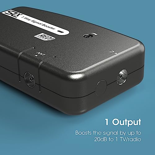 SLx TV Signal Booster Aerial Amplifier, 1 Way Signal Distribution Amplifier with Coax Connections, 4G & 5G Filtering, Indoor TV Aerial, HD & 4K TV/FM/DAB & Freeview, Variable Gain Control