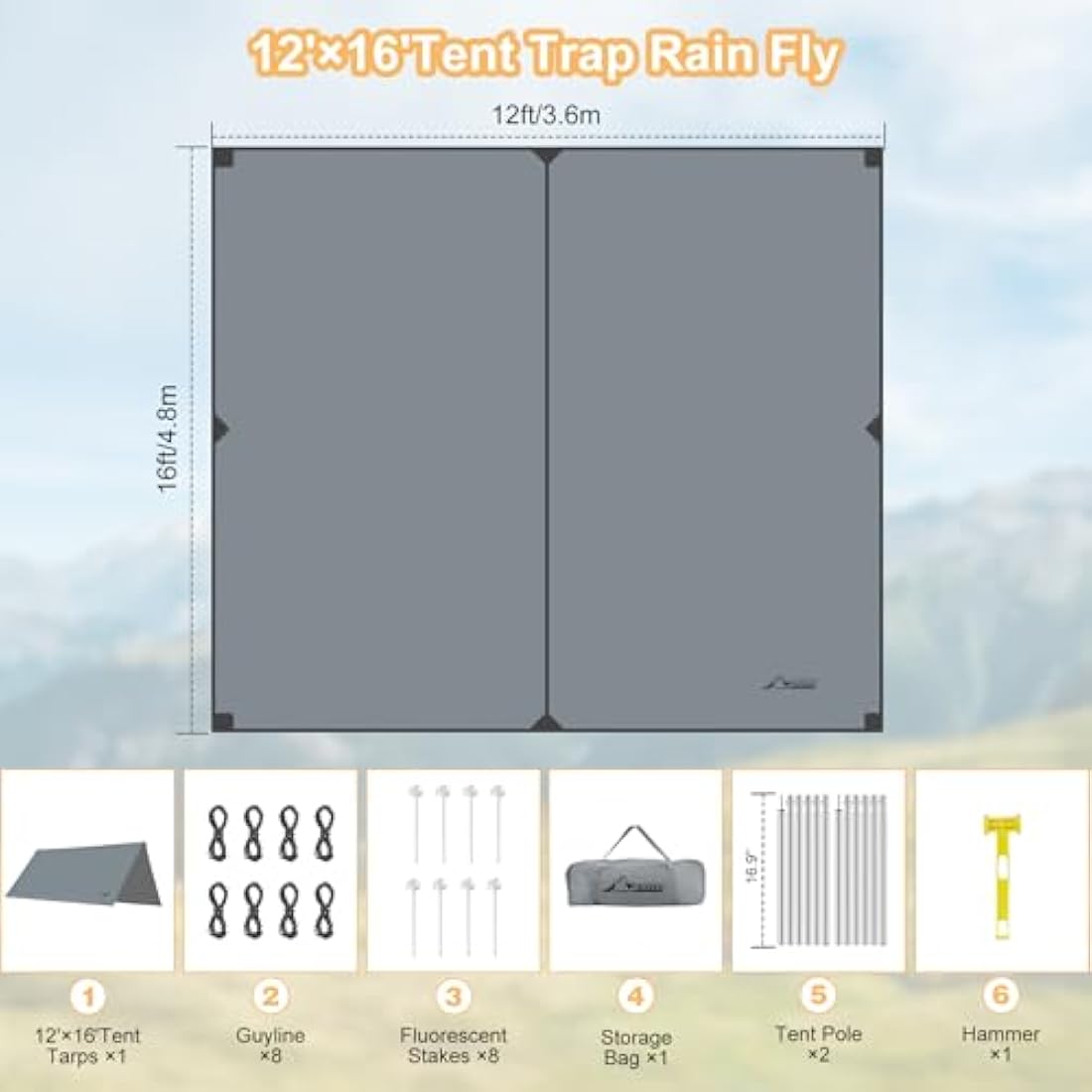WADEO Large 12x16FT Camping Tarp, Waterproof Tarp with Heavy-Duty Fabric & Poles, Hammock Tent For Camping, Hiking, Comes with Luminous Pegs & Hammer, Easy to Set Up (Grey)