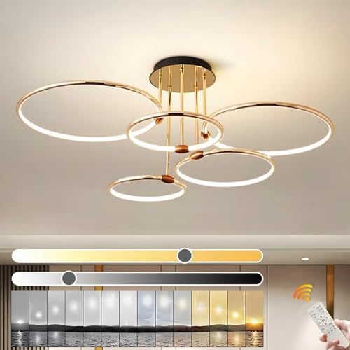 YYUTLUO LED Ceiling Light, Ø93cm Gold Metal Circle Chandelier, 108W Stepless Dimmable 3000-6000K, Modern Round Electroplate Pendant, Bedroom Living Children Office Study Kitchen Hallway(5 Ring)