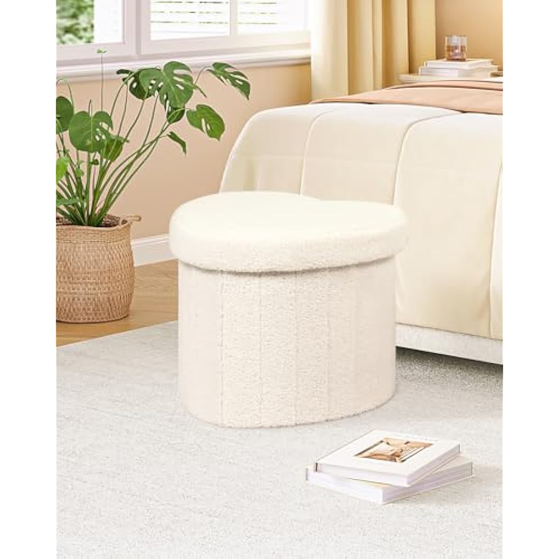 Bonlife White Boucle Ottoman with Storage,Foldable Footstool for living room,Toy Chest,Storage Seat Teddy Heart Shape Footrest,38X38X32cm