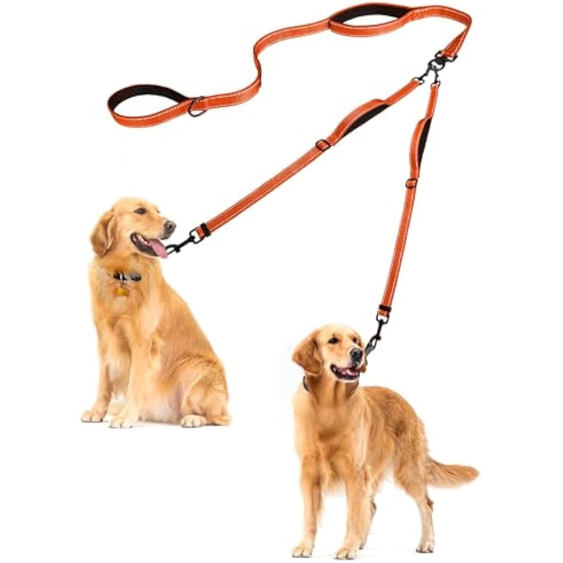PetBonus Double Dog Leash, No Tangle Dual Leash, Reflective Walking Training Lead, 4 Comfortable Padded Handles for 2 Dogs with Collapsible Bowl and Waste Bags (Orange, Large)