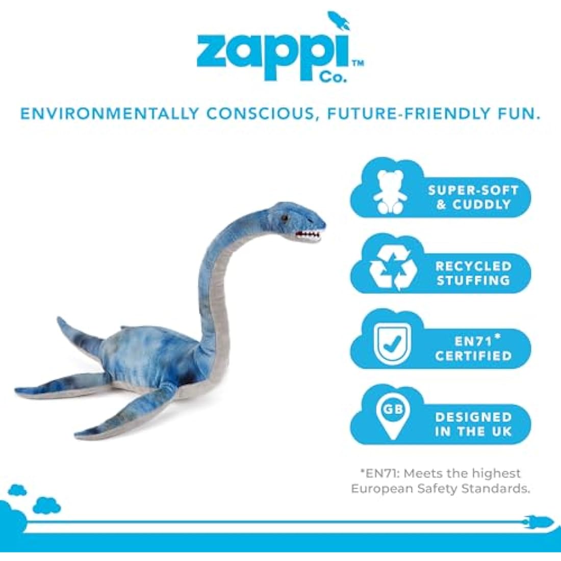 Zappi Co Plush Children's Stuffed Soft Cuddly Plush Toy-Part of Safari Animals Collection, Perfect for Kids (31cm Depth)(Plesiosaur Dinosaur)