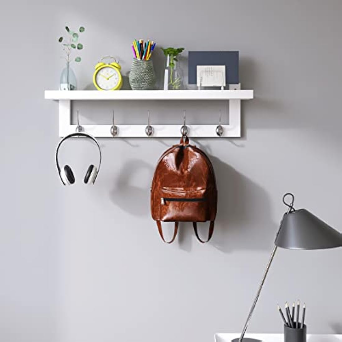 SMIBUY Coat Hooks with Shelf Wall-Mounted, 74 cm Entryway Coat Rack for Wall, Bamboo Hanging Shelf with 5 Double Metal Hooks for Bathroom, Bedroom, Kitchen, Living Room, Mudroom (White)