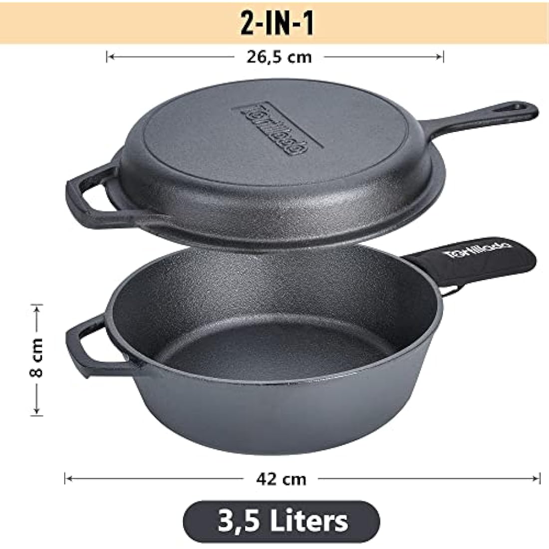 Tortillada - Cast Iron Skillet (26 cm) & Pot | Dutch Oven (3.5 Liter) | Preseasoned Cast Iron Combo Cooker + Handle Holder + E-Book with 50 Recipes, Kitchen Cookware