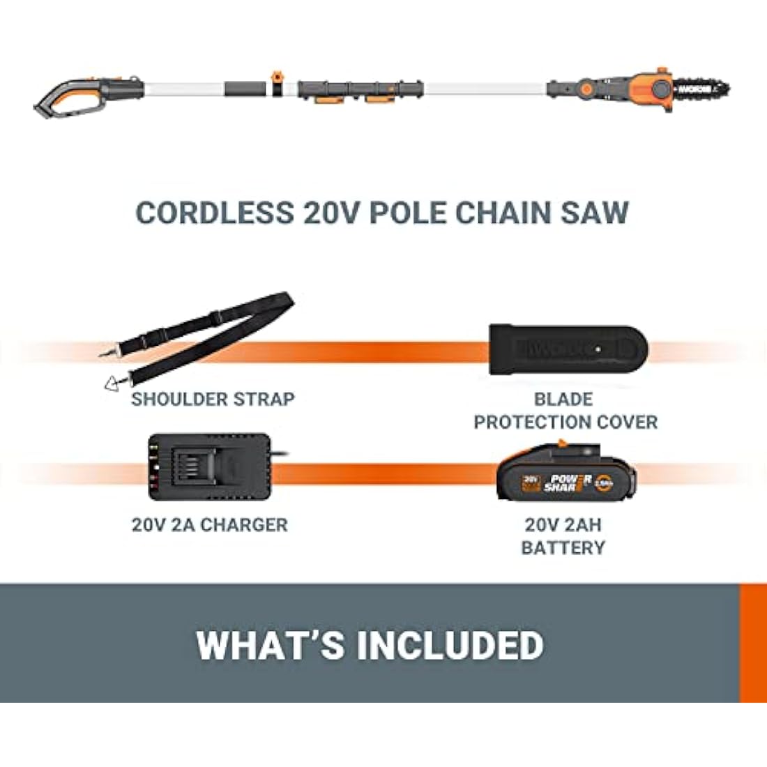 WORX WG349E.9 Cordless Pole Pruner/Saw, (Tool only, Battery and Charger Sold Separately), Black, 18V (20V Max)