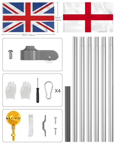 ZMTECH 20FT Sectional Flag Pole Kit for Outside, Aluminium Garden Flag Pole Stand with 2 Flags, Rope and Clips for Festival, Yard, House, Residential