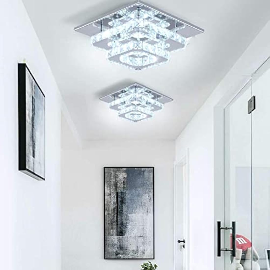 Finktonglan Crystal LED Ceiling Light, Ceiling Crystal Lamp Stainless Steel K9 Modern Flush Mount Lights Fixture Square Chandelier Ceiling Lamp for Dining Room Living Room Bedroom (Multicolor)