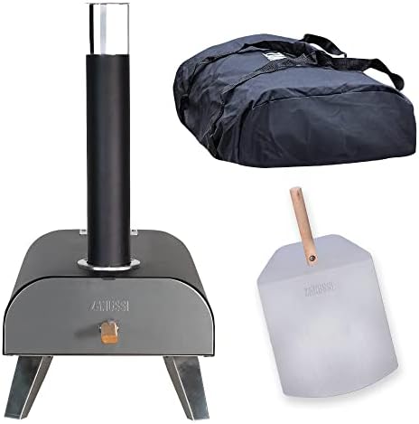 Zanussi ZPO1BPC Outdoor 12 Inch Wood Pellet Portable Wood Fired Pizza Oven with Paddle and Cover in Black, BBQ Oven & Smoker, Stainless Steel Foldable Legs