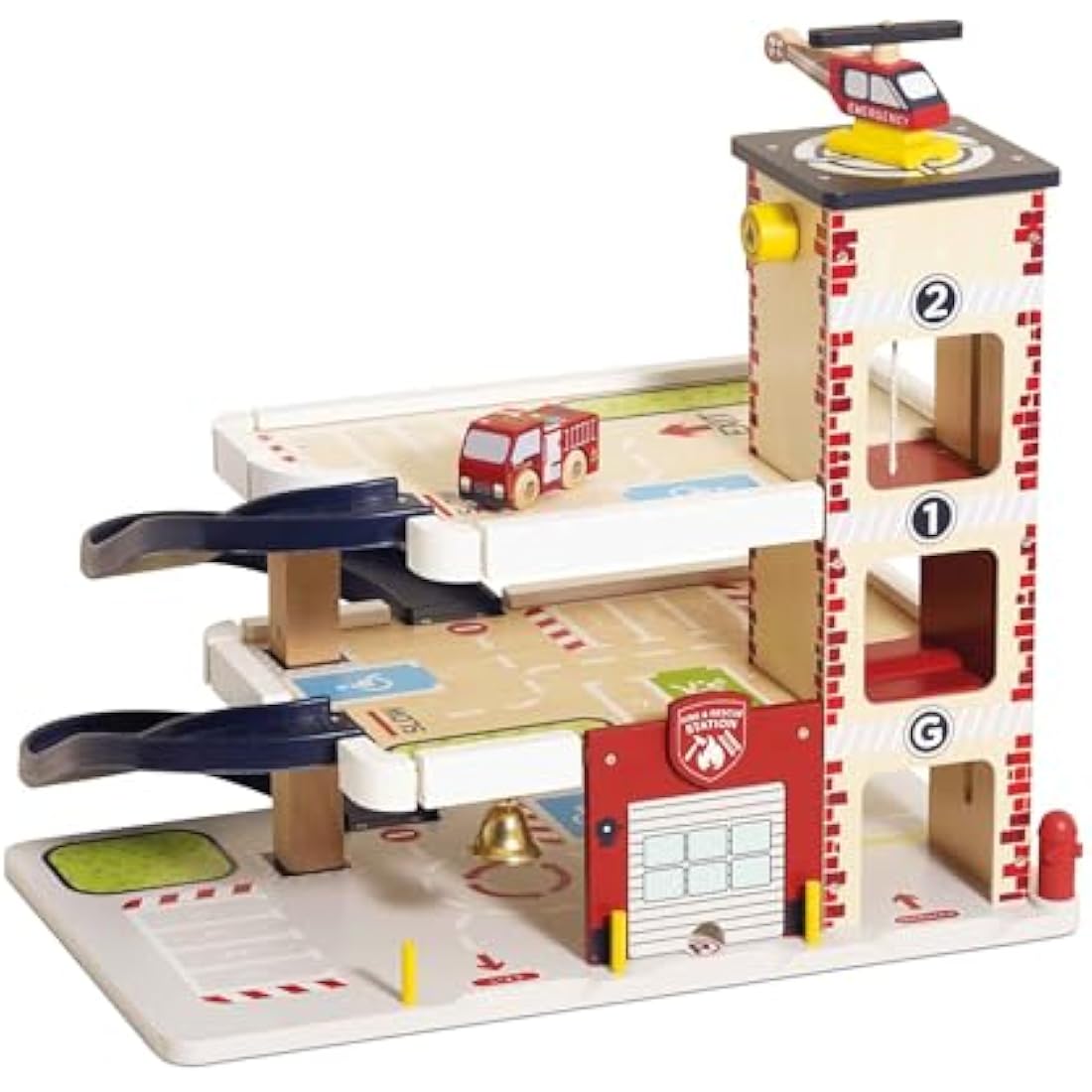 Le Toy Van Wooden 3 Storey Fire & Rescue Garage Toy Car Play Set, Vehicle Role Play Toys, Suitable For 36+ months, TV453