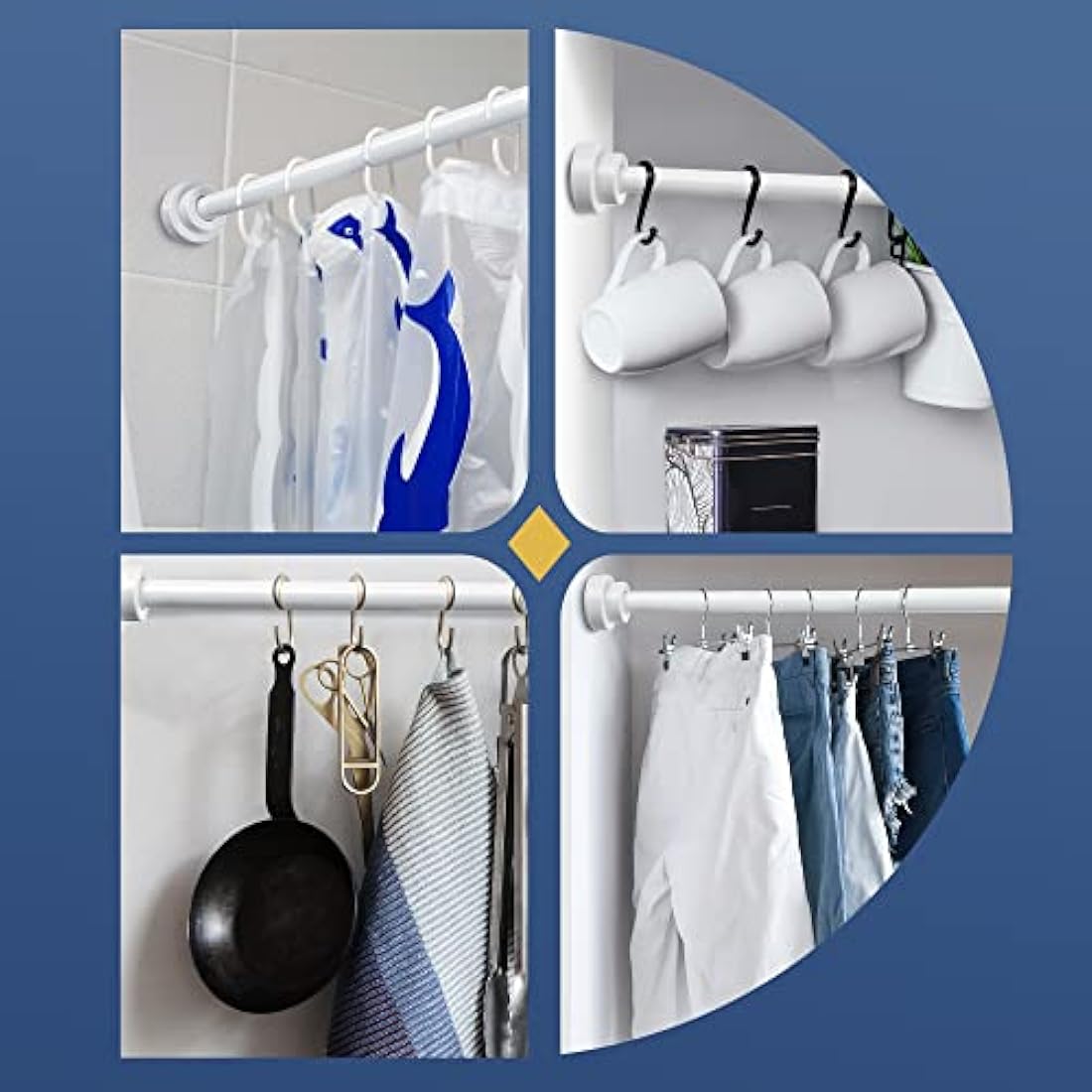Stainless Steel Extendable Shower Curtain Pole 105-175cm Tension Rods for Curtains Telescopic Curtain Poles No Drilling Adjustable Shower Curtain Rail for Kitchen Closet Bathroom Window, White