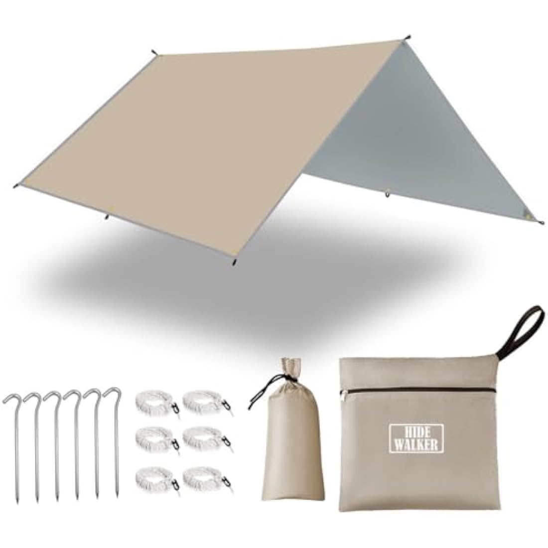 HIDEWALKER Camping Tarp Shelter 3x3m 3x4m 3x5m Lightweight Tent Tarpaulin Waterproof Tent Awning Canopy Basha Sunshade for Hiking Backpacking (Khaki, 3x5m)