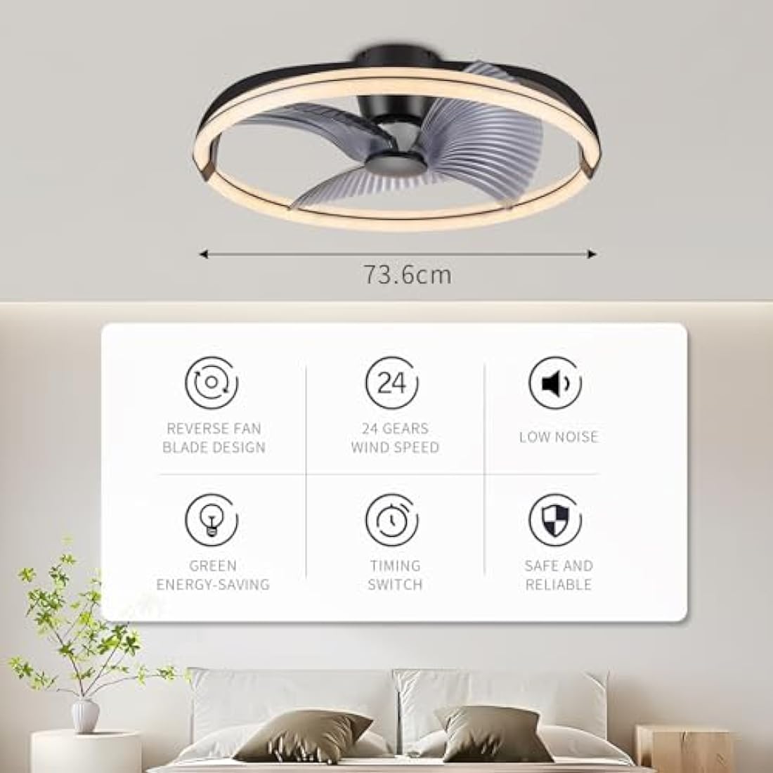 BKZO 73CM LED Ceiling Light with Fan, Ceiling Fan Lights 6 Levels Wind Speeds, Stepless Dimming Light, Modern Fan Lighting for Living Room, Dining Room, Bedroom, Office, 3000-5500K