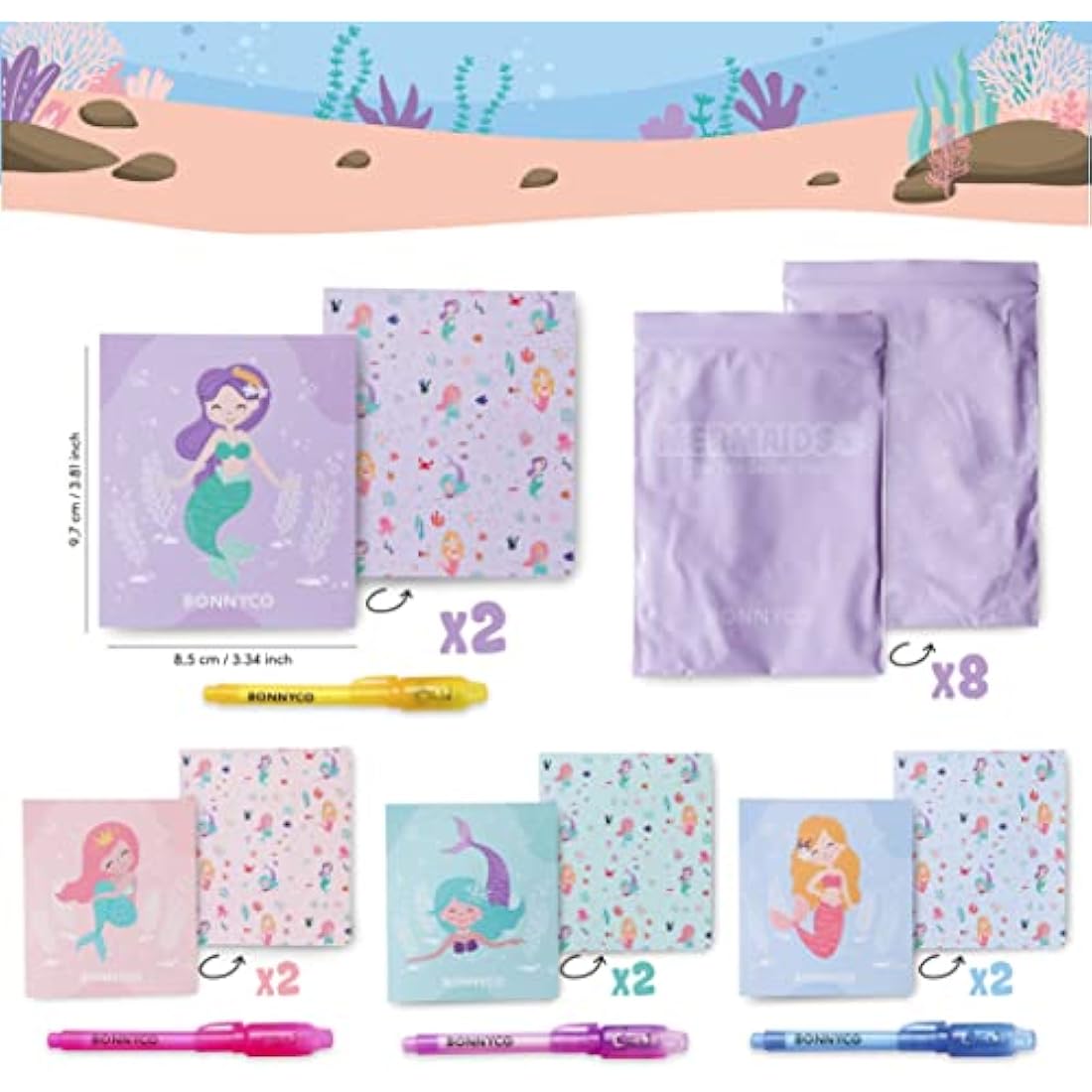 BONNYCO Invisible Ink Pen and Notebook, Pack 8 Mermaid Party Bags Filler & Pinata Toys | Mermaid Birthday Decorations | Stocking Fillers for Kids Birthday | School Prizes & Gifts for Children