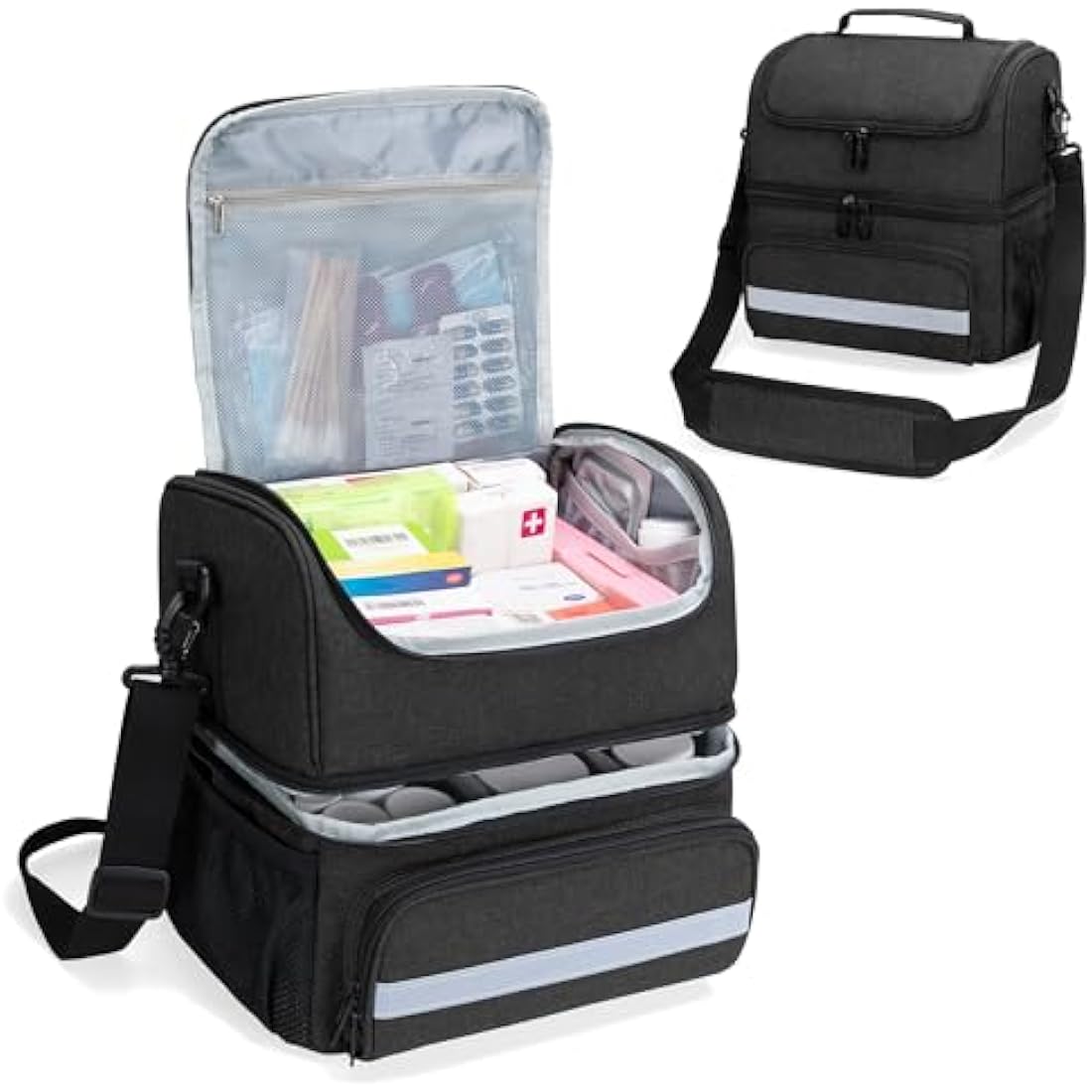 CURMIO Double Layer Medicine Storage Bag Empty, Family First Aid Organiser for Emergency Medical Kits, Portable Medicine Supplies Bag for Home and Travel, Black