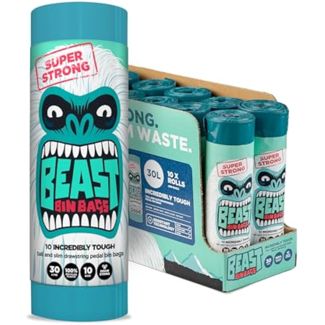BEAST BIN BAGS, 10 Rolls of 10 x 30 Litre Bags (Total 100 Bags) - Made From 100% Recycled LLDPE - Incredibly Strong, Tall and Slim Drawstring Pedal Blue Bin Bags