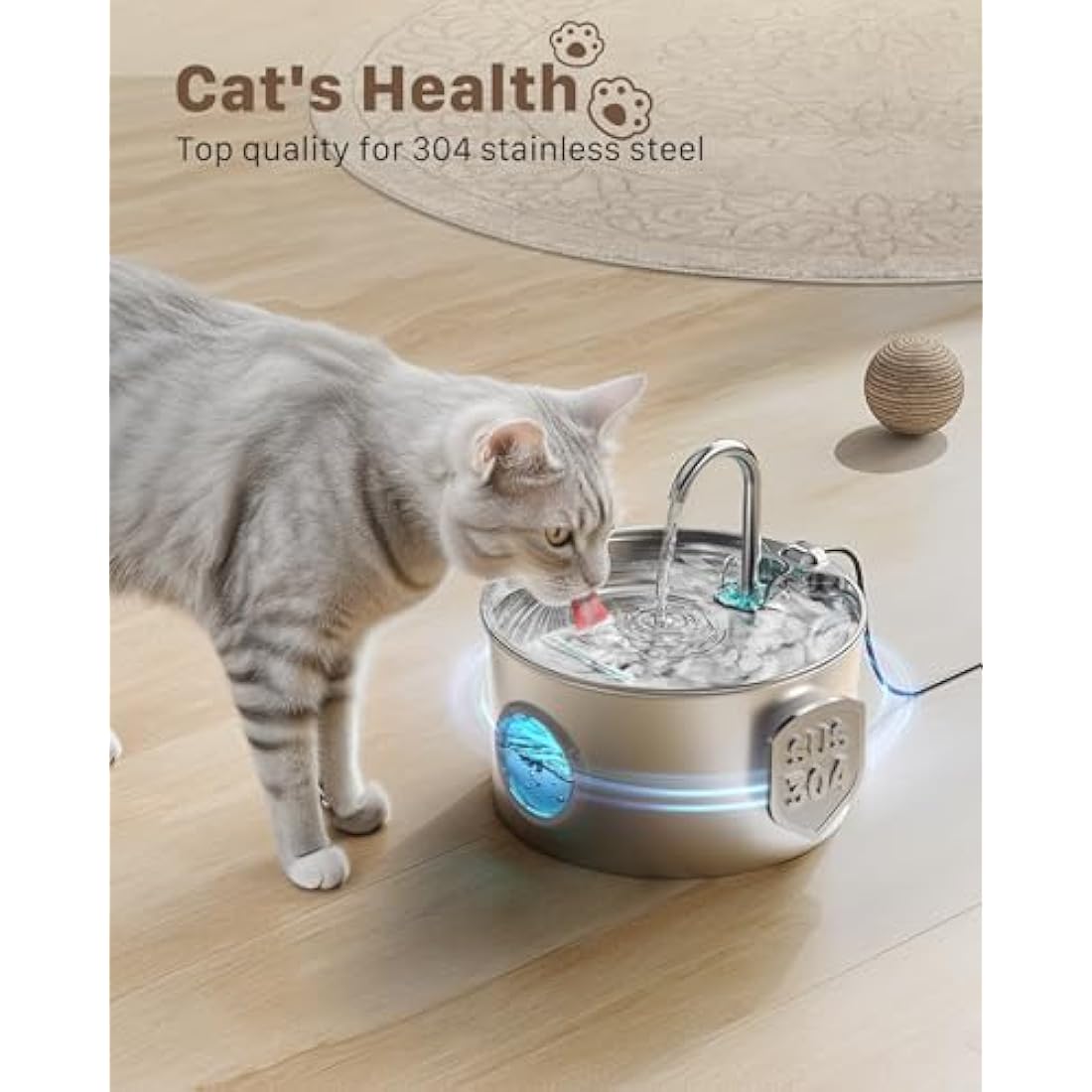 Cat Water Fountain for Drinking: Stainless Steel Cat Fountain - 2.2L Cat Water Bowl - Pet Water Fountain - Pet Water Dispenser - Cat Drinking Fountain UK - with 6 Filters + 3 Foam Filters