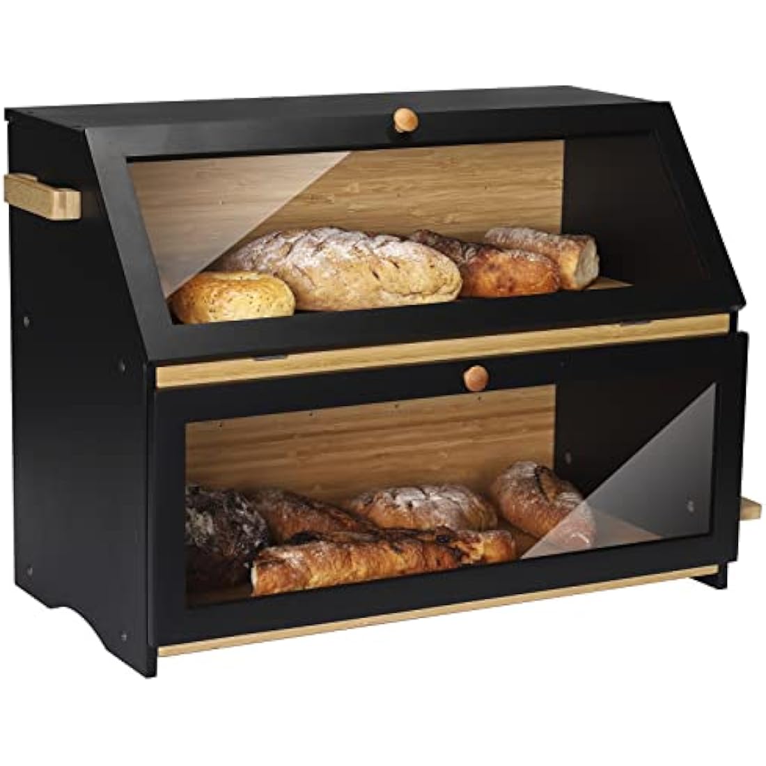 Leader Accessories Double Decker Bamboo Bread Bin 2-Layer Bread Box Large Capacity Bread Storage for Kitchen 19.7"x9.8"x14.5" Black