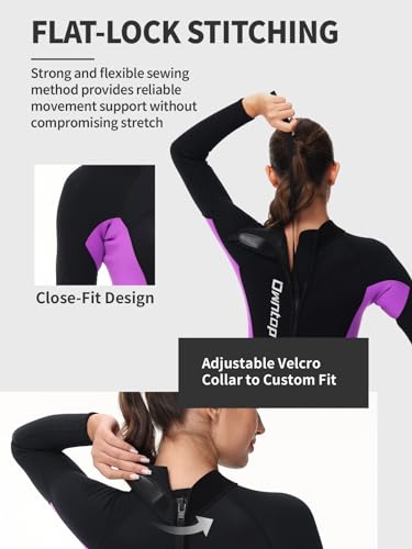 Owntop Women's Full Length 3/2mm Wetsuit, Ultra-Stretch Long Sleeve Winter Wetsuit, Back Zip Adult Neoprene Surfing Diving Wet Suit, Women Purple S