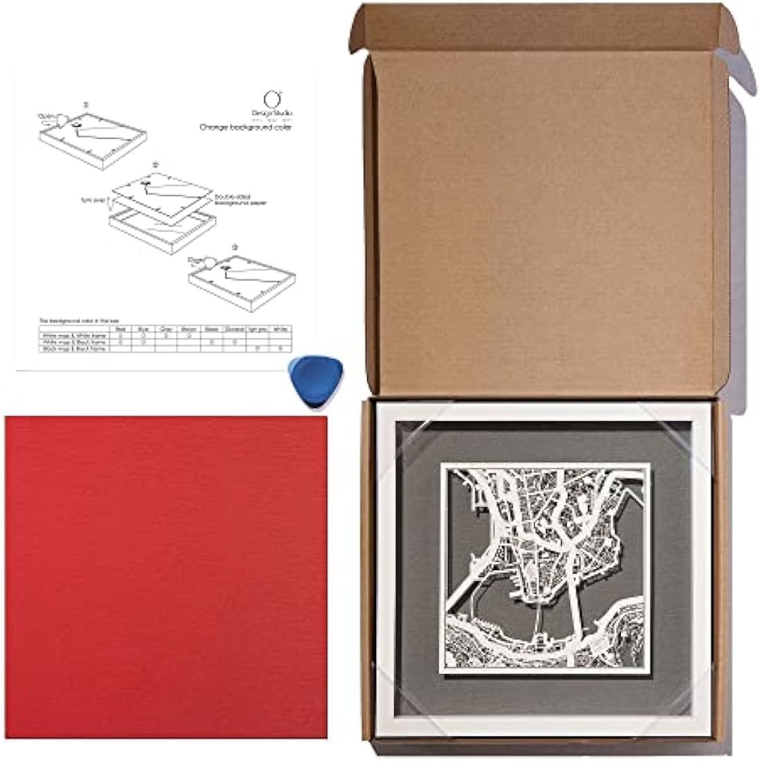 O3 DESIGN STUDIO Birmingham Paper Cut Map framed, White map, White frame, 23x23 cm, Gift Boxed, 4 background color, self-changing, Paper Art