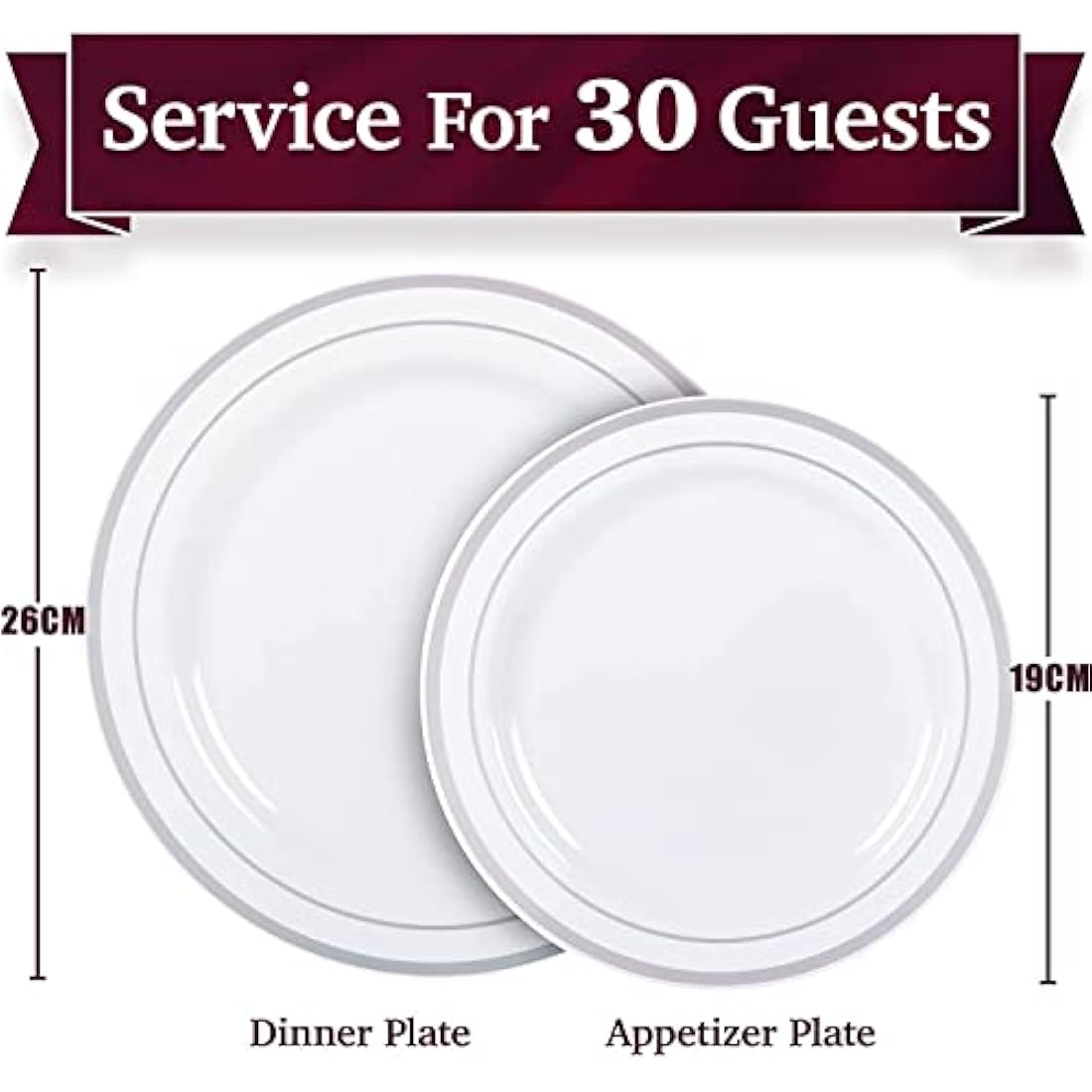LATERN 60Pcs Multi-Use Silver Plastic Dinnerware Set, 30Pcs 26cm Dinner Plates + 30Pcs 19cm Salad Plates, Reusable Plastic Plates for Wedding Anniversary Garden Dessert Party