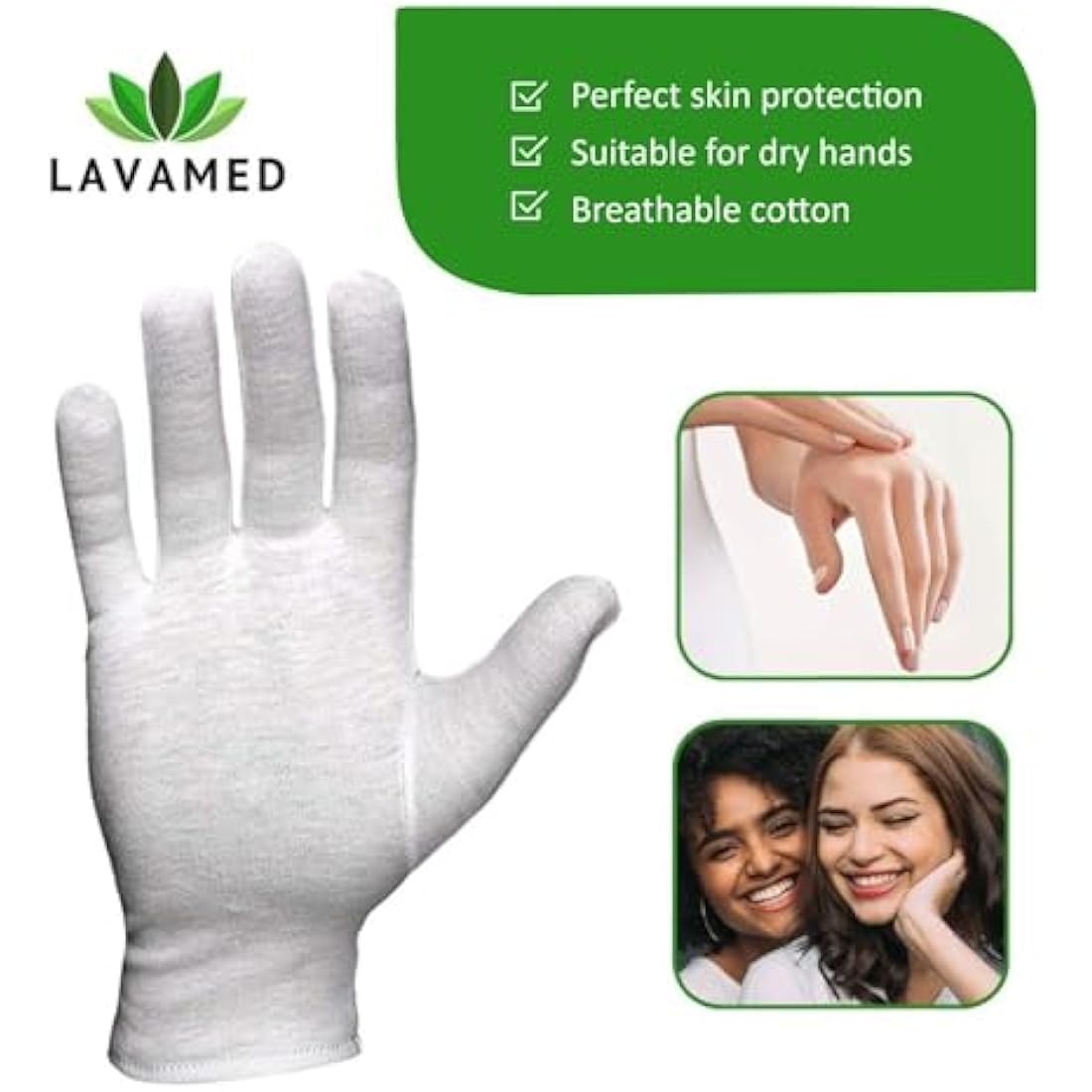 LAVAMED Cotton Gloves Made of 100% Cotton (Dermatest: Very Good) White Gloves, Soft Textile Gloves for Hand Masks, Washable Fabric Gloves with Certified Skin Compatibility